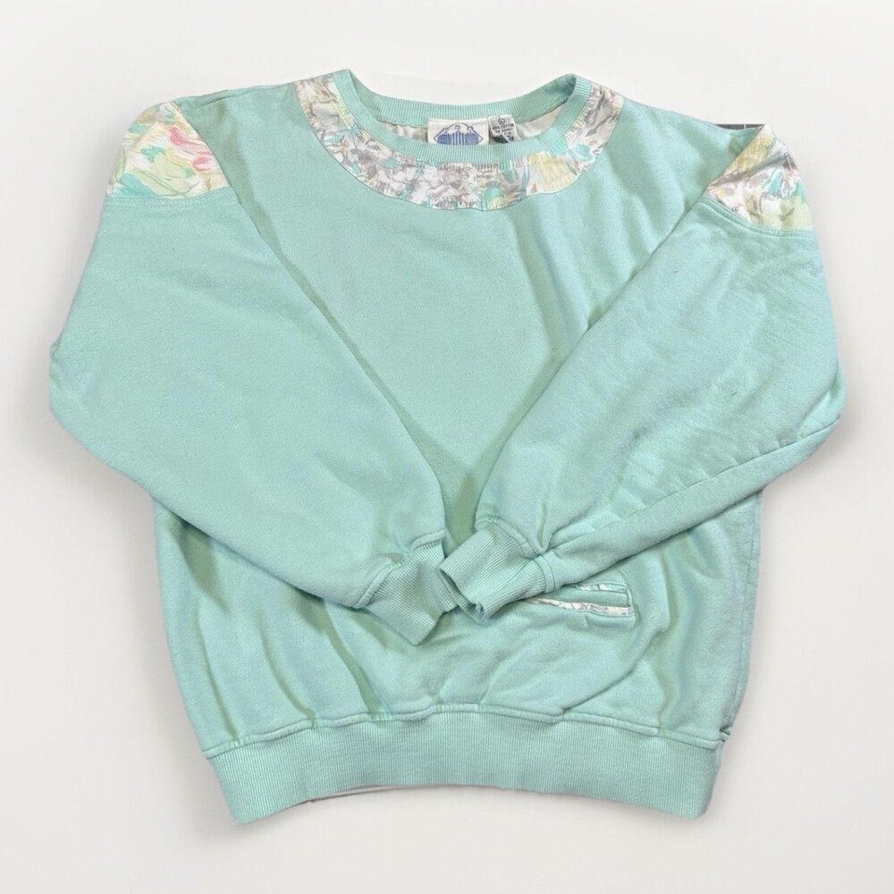 VTG Line Up Mint Grn Sweatshirt L  100% Cotton Floral Collar 80s 90s Cottagecore